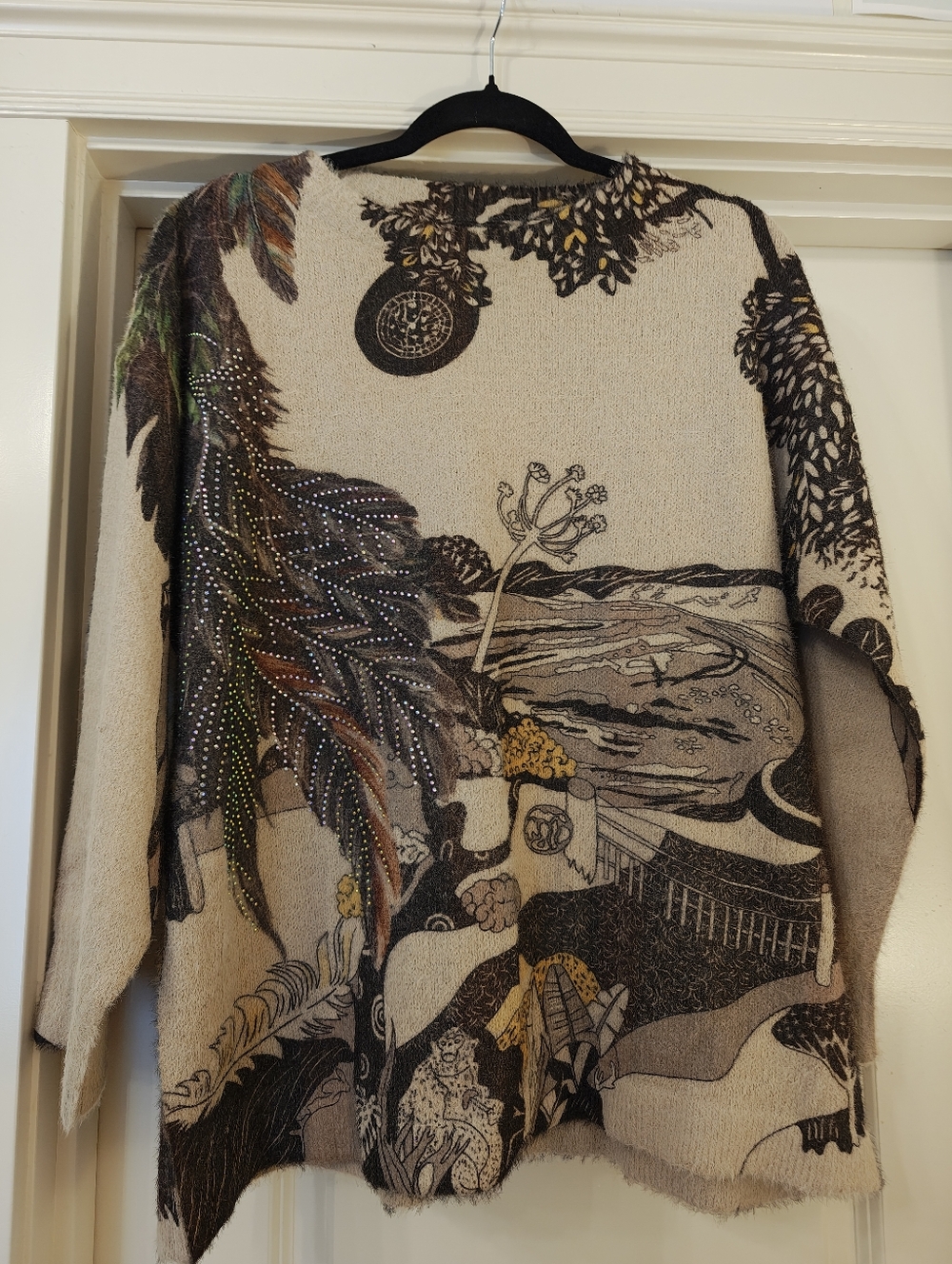 Beige Artistic Landscape Knit Sweater with Multicolor Feather Detail